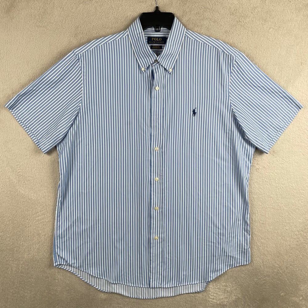 Polo Ralph Lauren Shirt Mens Large Blue Striped Coolmax Performance Button Down - Picture 2 of 8